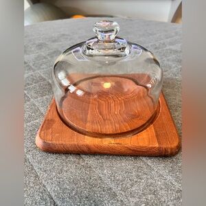 VINTAGE Mid Century Teak Cheese Board 8”x8” with Glass Dome